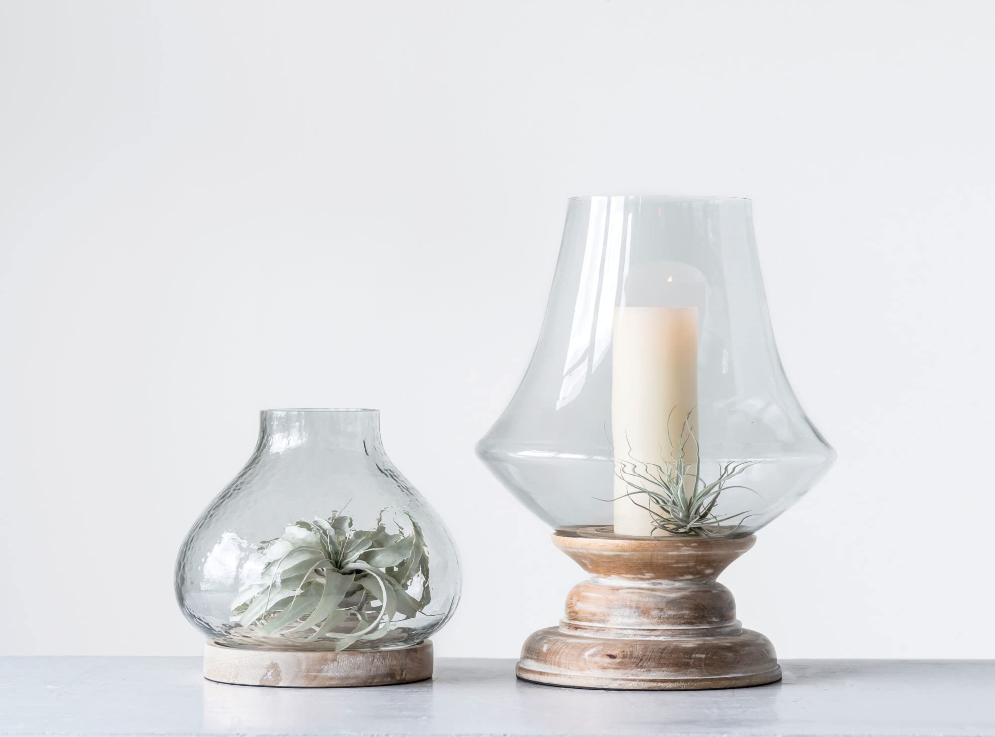 Small Whitewashed Mango Wood & Clear Handblown Glass Hurricane