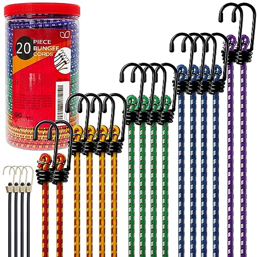 GOEASY0312 Premium Bungee Cords Heavy Duty - 17 Piece Bungee Cords with Hooks in A Storage Jar Includes 10", 18", 24", 30", 36", 48" Bungie Cord & Cargo Net Bundle
