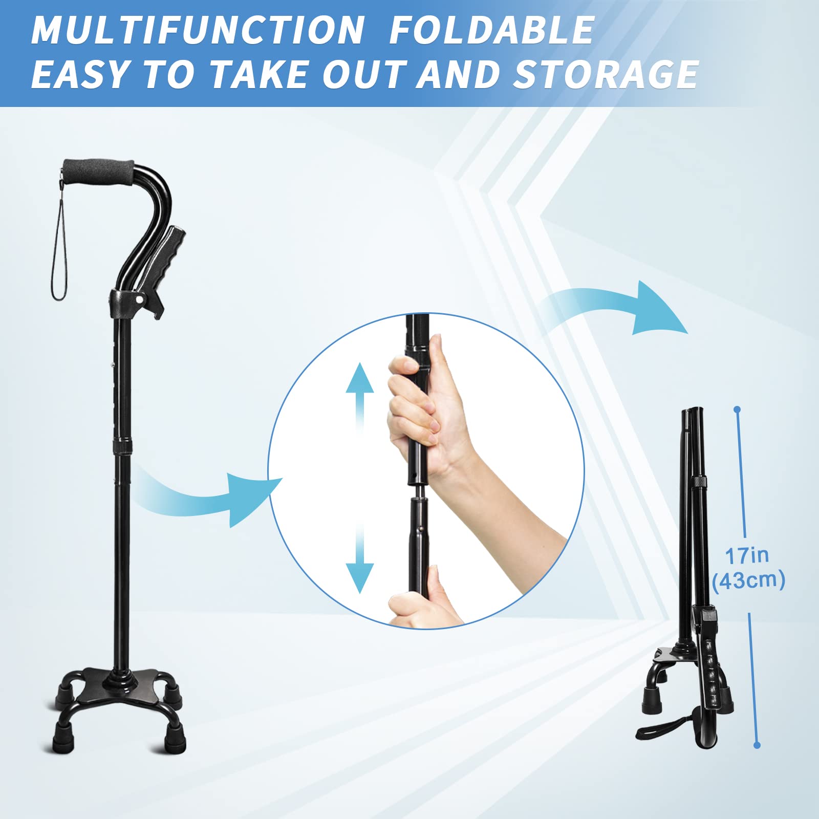 Adjustable Walking Cane for Men & Women with 4-Pronged Base for Extra Stability - Foldable Cane for Seniors with Foam Padded Offset Handle for Soft Grip & a Second Handle for Standing Black