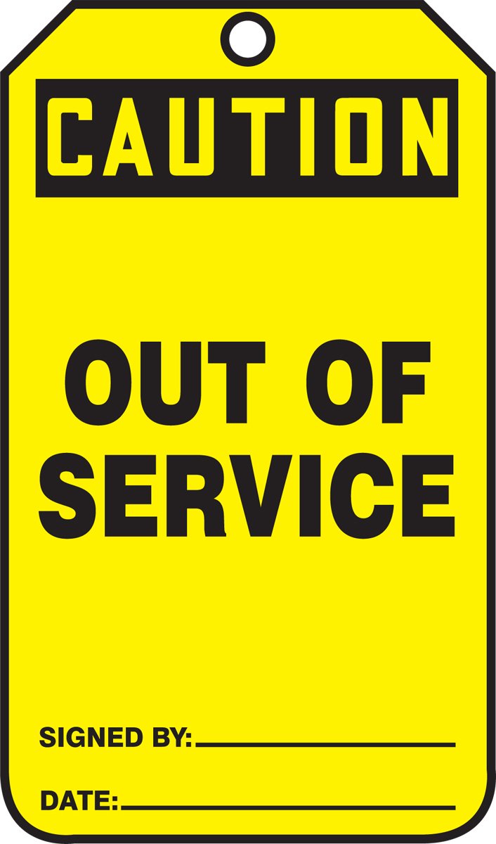 Accuform Signs MDT641CTP Safety Tag, Legend "Caution Out of Service", 5.75" Length x 3.25" Width x 0.010" Thickness, PF-Cardstock, Black on Yellow (Pack of 25)
