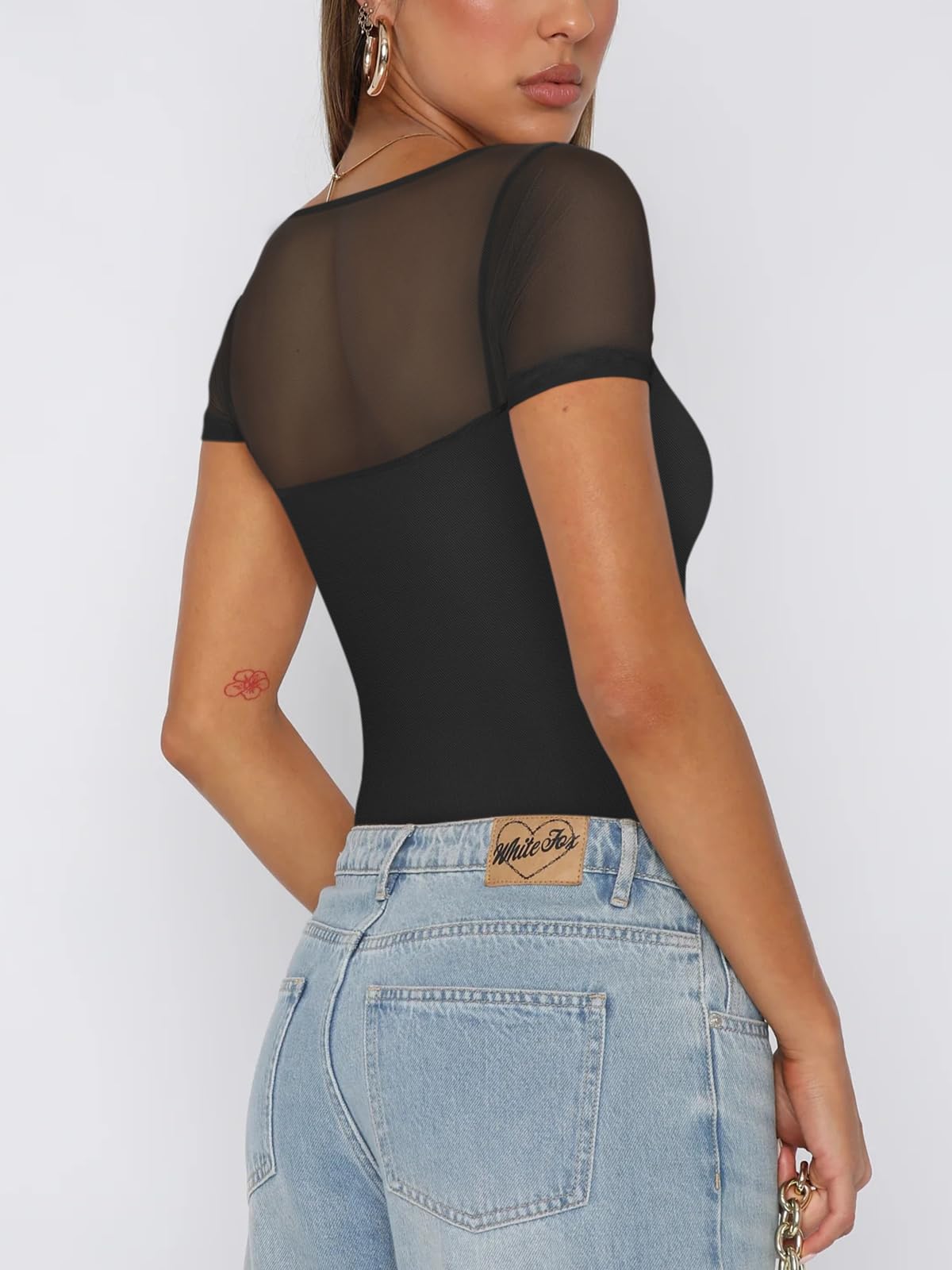 REORIA Women's Sexy Square Neck Short Sleeve Mesh Double Lined Slimming 2025 Trendy Going Out Bodysuits Tops Black Small