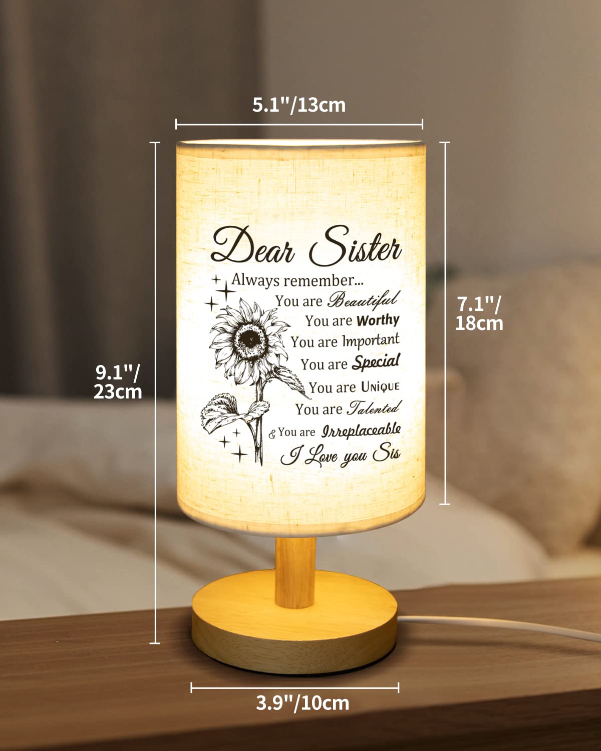 Calibron Sister Gifts, Sister Christmas Gifts Fabric Lamp, Christmas Gifts for Sister, Sister Birthday Gifts Table Lamp with Wooden Stand Anniversary Wedding Birthday Gifts for Sisters