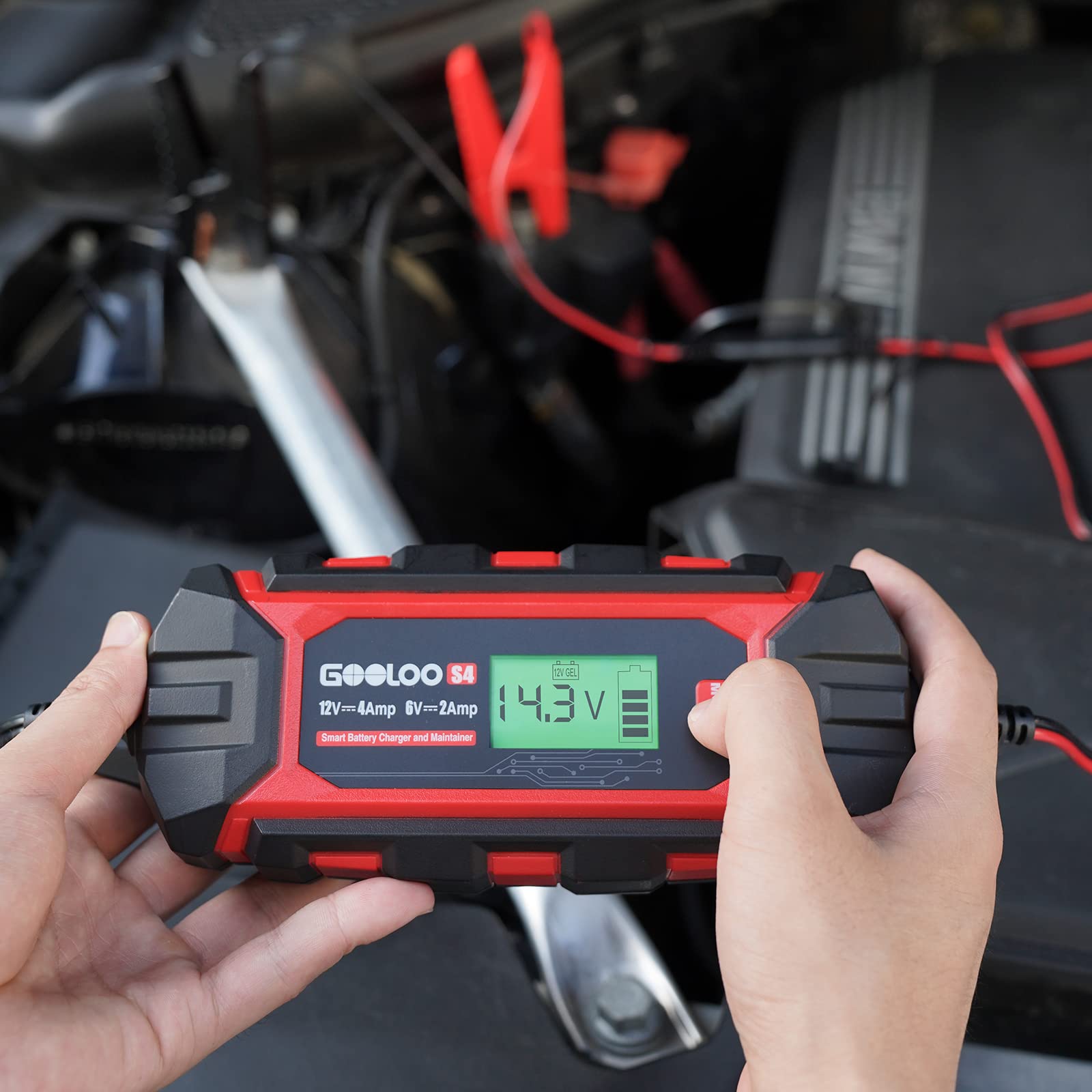 GOOLOO S4 4 Amp Car Battery Charger Automotive, 6V/2A 12V/4A Smart Trickle Charger Maintainer with Supply Mode, Automatic Motorcycle Battery Charger for Truck Lawn Mower RV Boat Lead-Acid Battery