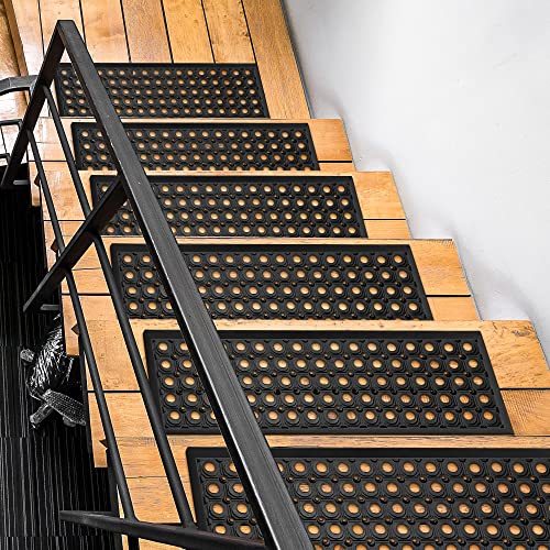 Ottomanson Indoor/Outdoor Hose-Wash Holes Design Non-Slip Rubber 10" x 30" Modern Stair Treads for Stairs, Garage, Patio, 5 Pack, Black Holes