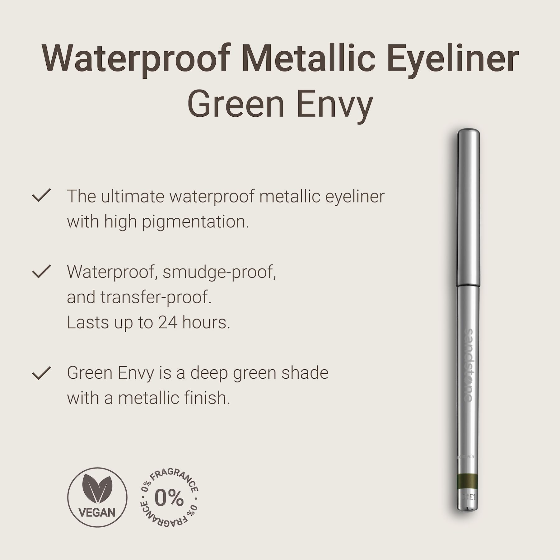 Sandstone Scandinavia Hypoallergenic Waterproof Metallic Eyeliner Pencil – Green – Fragrance-Free, Vegan – Smudge-Proof Eye Liner for Sensitive Eyes