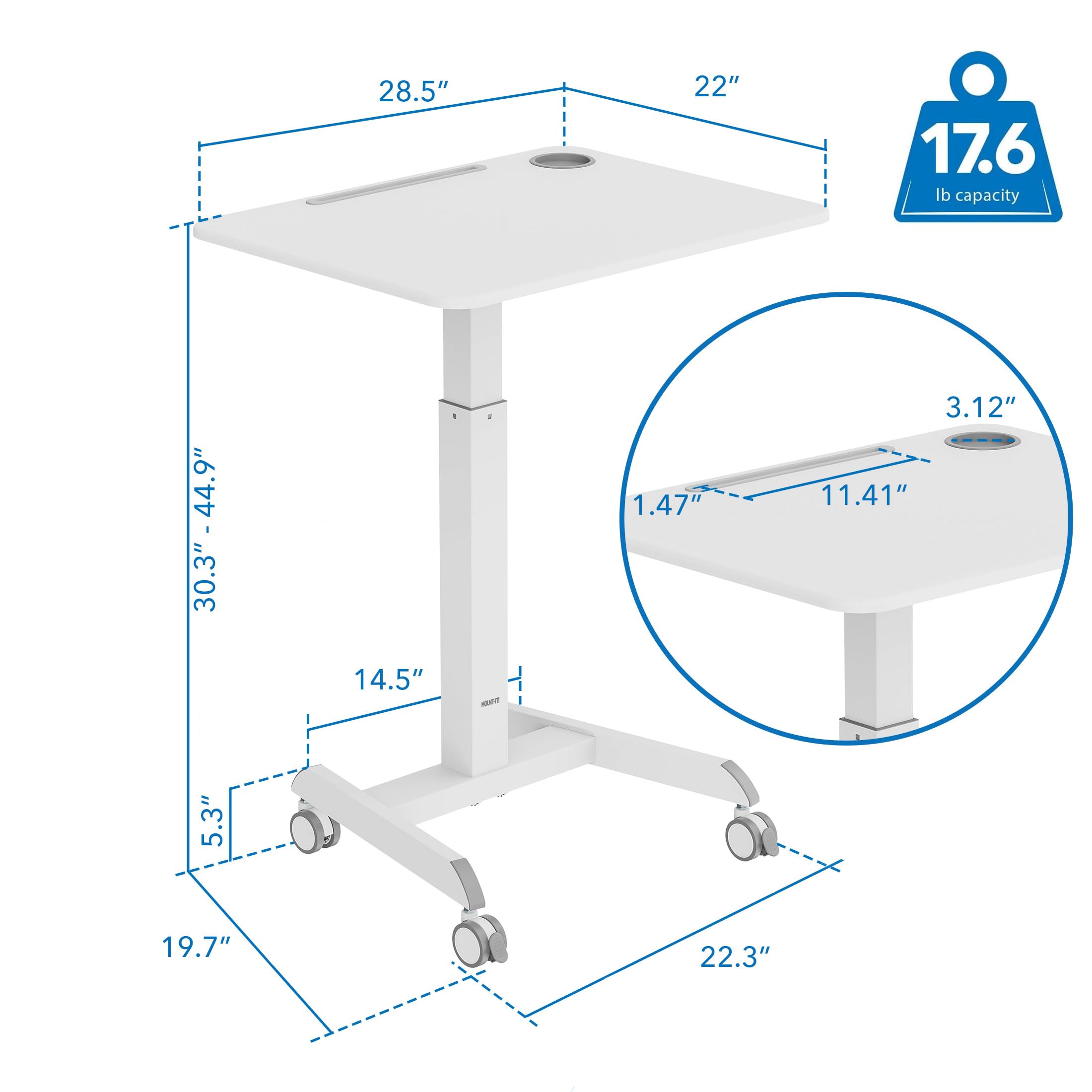 Mount-It! Mobile Laptop Desk Cart | Adjustable Rolling Laptop Stand with 28.5" x 22" Tabletop | Ergonomic Sit-Stand Workstation on Wheels | Portable Laptop Cart for Home Office in White