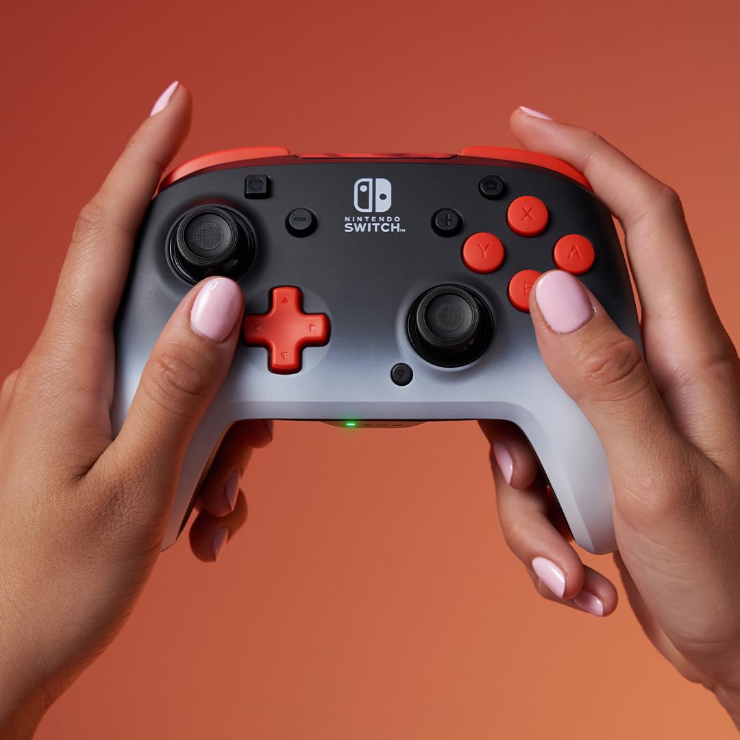 PDP REMATCH Enhanced Wireless Nintendo Switch Pro Controller, Rechargeable 40 hour battery power, Dual Programmable Gaming Buttons, 30-foot Connection, Licensed by Nintendo: Black Fade (Red & Black)