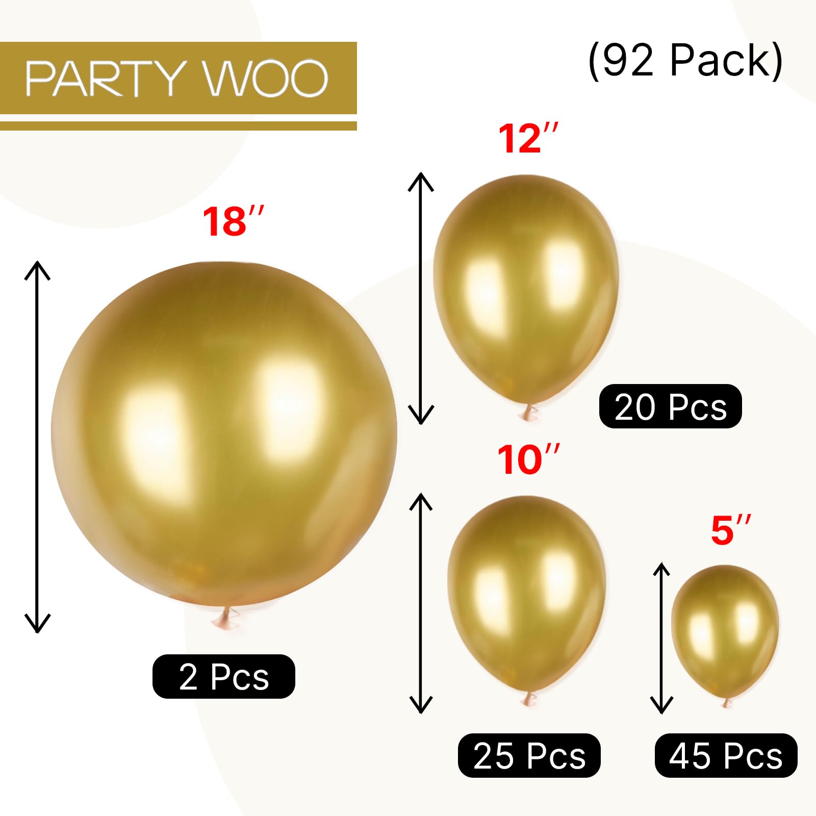 PartyWoo Metallic Gold Balloons 90 pcs Different Sizes Pack of 18 12 10 5 Inch, Chrome Gold Balloon Arch Kit Garland for Birthday Graduation Baby Shower Wedding Party Decorations Gold-G101