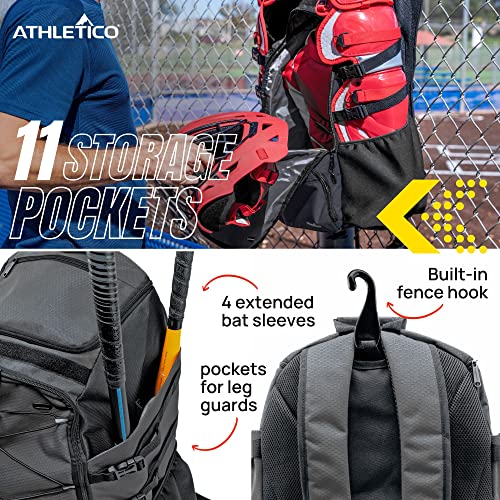 Athletico Dominator Baseball Backpack, Catchers Gear Adult Baseball Bag for 4 Bats, Large Bat Bag for Baseball Equipment, Holds Chest Protector, Helmet, Gloves, Cleats - Black