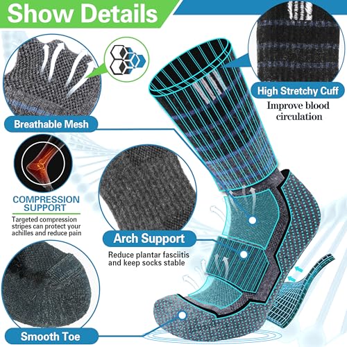 ANTSANG Merino Wool Hiking Socks for Men & Women Thermal Warm Winter Thick Cozy Athletic Crew Work Boot Gift Socks Stocking Stuffers 5 Pairs(Blue Stripes,M)