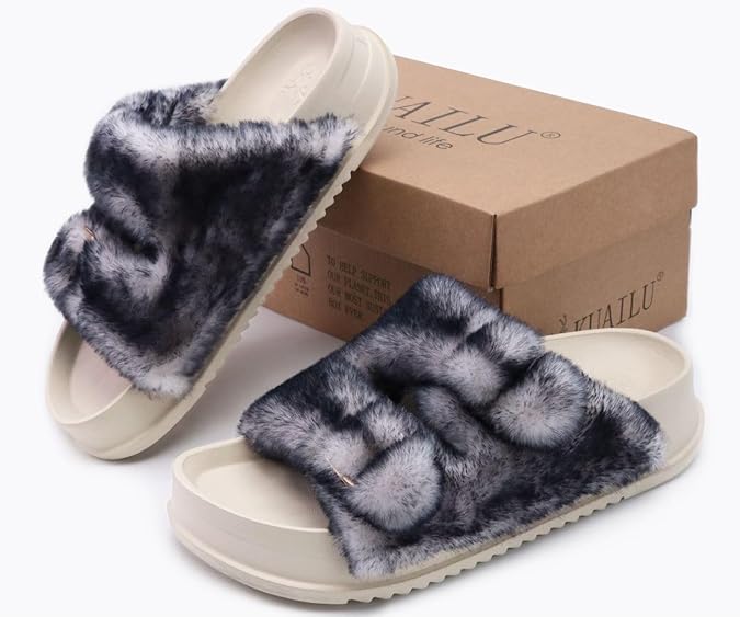 KuaiLu Women's Fluff Slippers Black White, Plantar Fasciitis Arch Support Platform Slippers Ladies Fashion Open Toe Faux Fur Sliders House Slipper