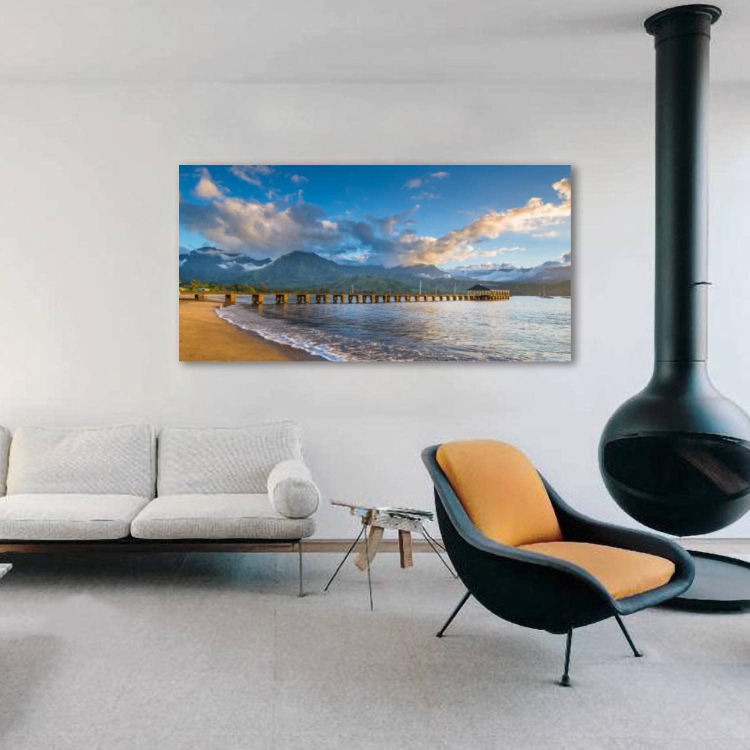 Canvas Wall Art Decor Hanalei Beach at Hanalei Bay Kauai Hawaii Print Pictures Poster Artwork Framed Paintings for Living Room Large Size Bathroom Bedroom Decorations