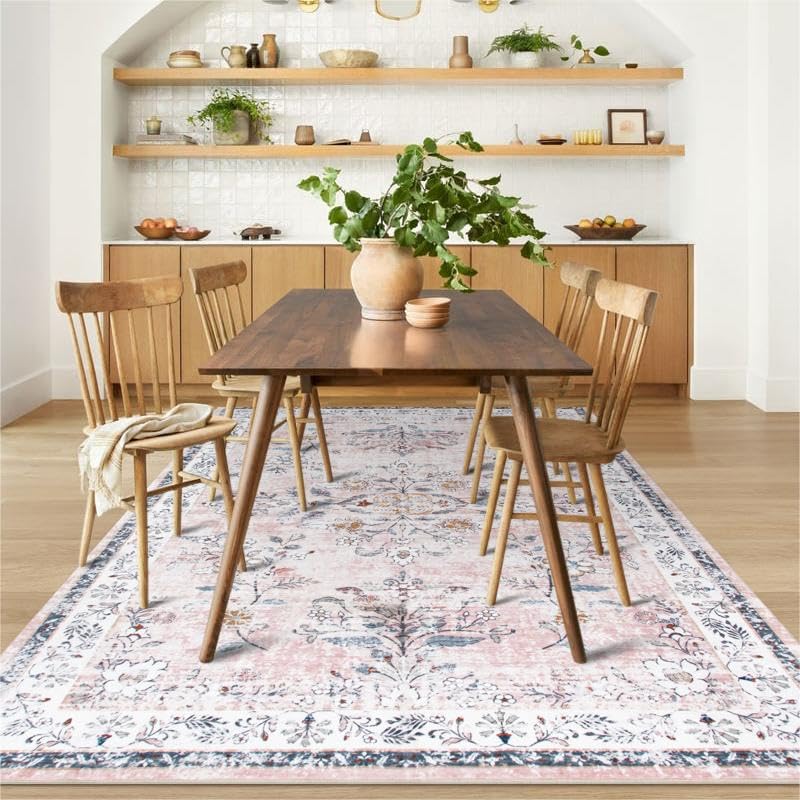 LIVEBOX 5x7 Pink Boho Rugs for Living Room, Soft Nursery Rug Non-Slip Faux Wool Rug for Bedroom Girls, Ultra-Thin Washable Area Rug for Girls Room, Non-Shedding Blush Pink Floral Rug