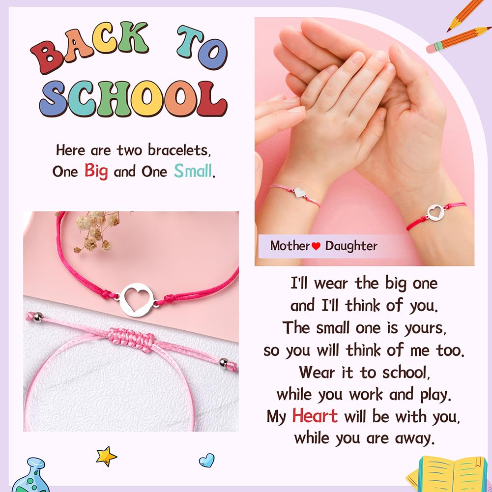 Breezy Valley Back to School Bracelet Mommy and Me Matching Bracelet Set Gifts - First Day of School Bracelet Gift for Students Girls Kids, Mother and Daughter Heart Charm Bracelets for Kindergarten
