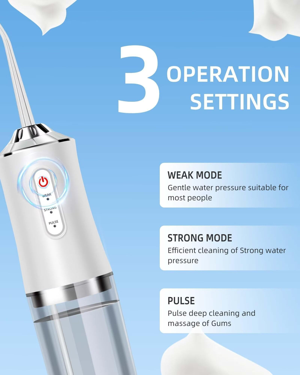 LAMEIZ Water Dental Flosser Teeth Picks - 4 Jets 3 Modes Portable Cordless Water Flosser for Teeth Cleaner, IPX7 Waterproof Oral Irrigator Rechargeable for Travel Home,Gums, Braces Care White