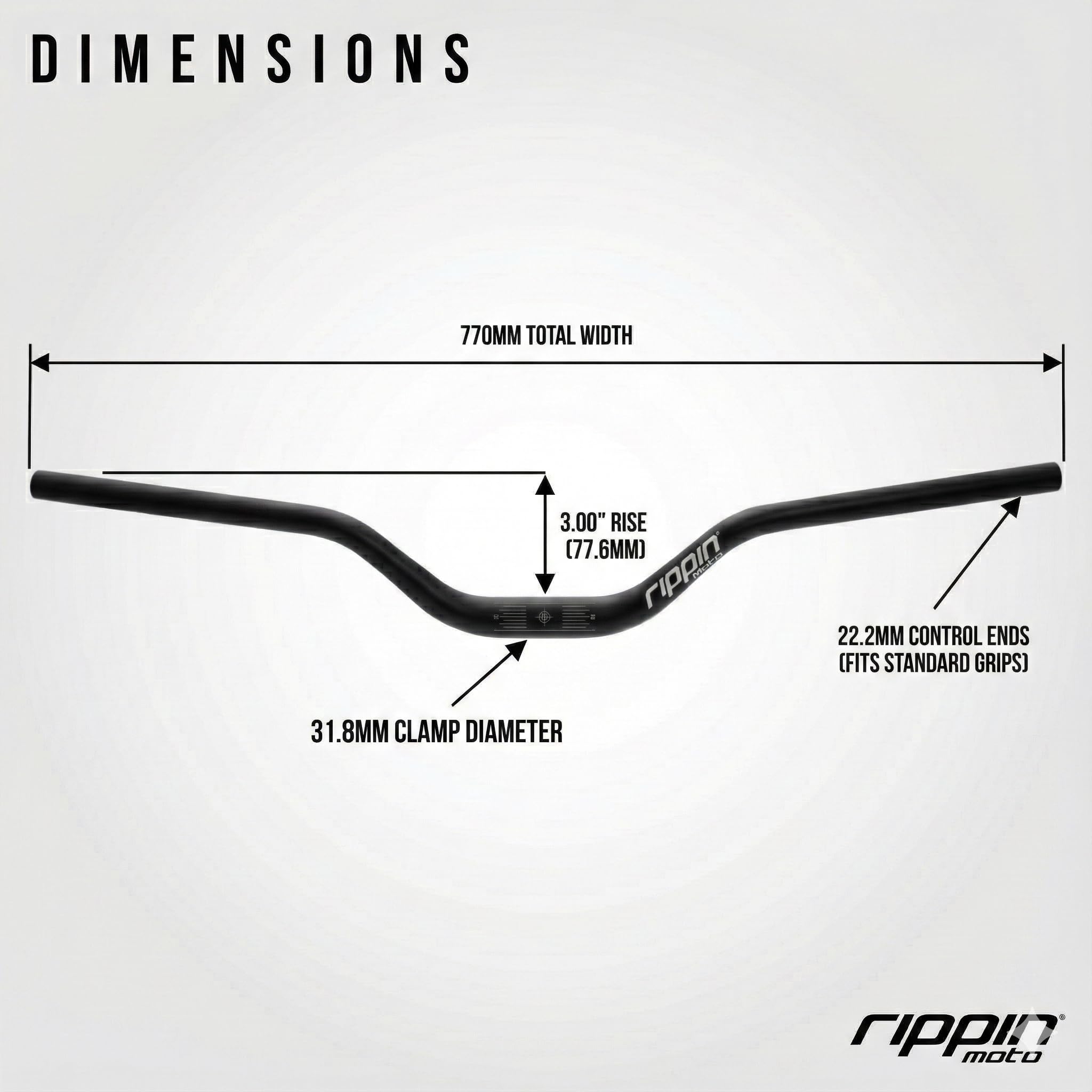 Rippin Moto RISE3 E-Moto Handlebars for Sur-Ron - 3" Rise x 770mm Wide, 22mm Ends, 31.8mm Center - Riser Bars for Talaria Sting, E-Ride PRO, Rawrr Mantis, Vetra Blazer, Surron LBX (Black)