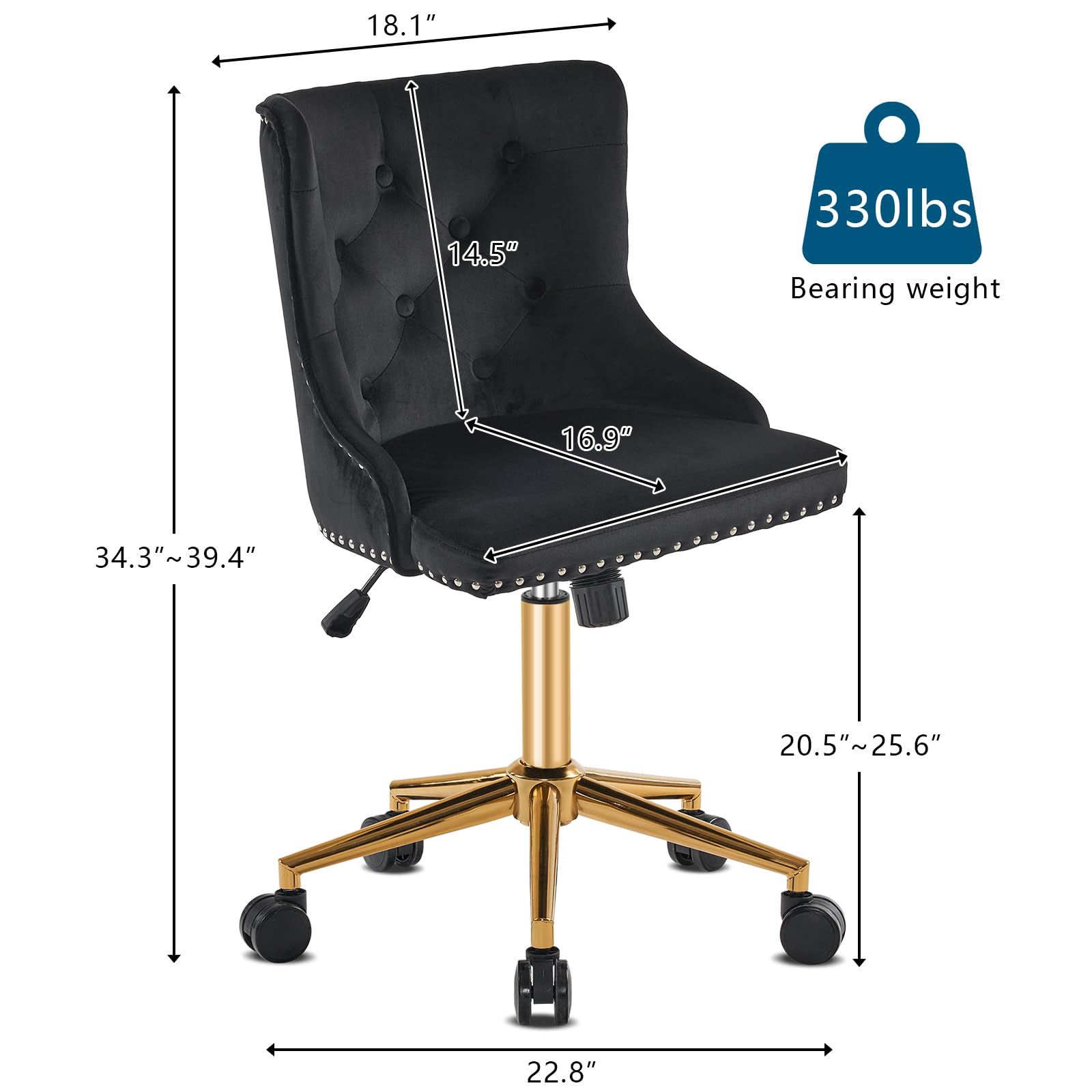 VINGLI Black Velvet Armless Home Office Desk Chair with Gold Base/Wheels, Small Cute Vanity/Makeup Chair with Back for Bedroom, Upholstered Adjustable Rolling Swivel Nail Chair for Women/Girls