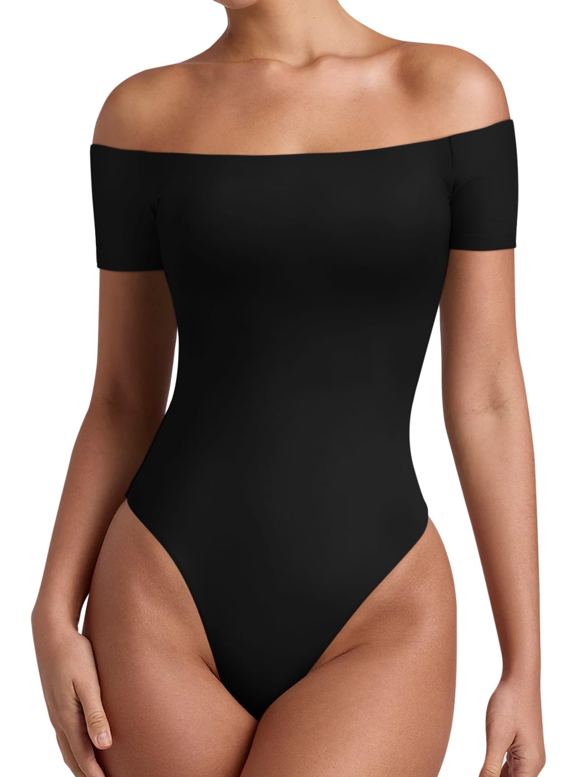 REORIA Womens Sexy Casual Off The Shoulder Short Sleeve Backless Going Out Double Lined Fitted Thong Bodysuit Tops Black Onyx Small