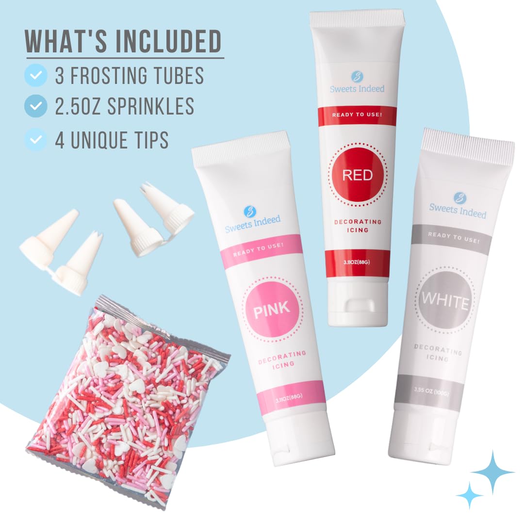 Sweets Indeed, Valentines Day Frosting Kit plus Heart Sprinkles, 3 Frosting Tubes, 2.5 ounces Sprinkes, 4 nozzles, 13.08 ounces, Perfect for baking and cookie decoarting (Sweetheart)