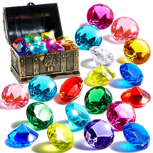 Sloosh Diving Gems Pool Toys, 16 Big Colorful Diamond with Pirate Treasure Chest, Swim Dive Toy for Kids Underwater Gemstone Swimming Training Gift Water Toys Pool Games(Gold)