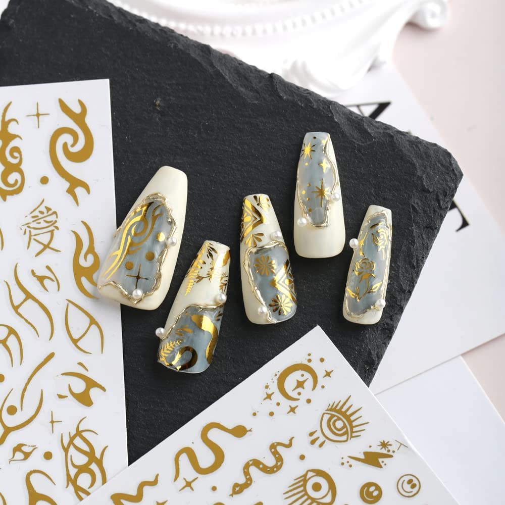 8 Sheets Gold Snake Nail Stickers 3D Bronzing Rose Eyes Heart Nail Art Decorations Self-Adhesive Stickers for Acrylic Nail Art Decals Women Nail Accessories Nail Supplies