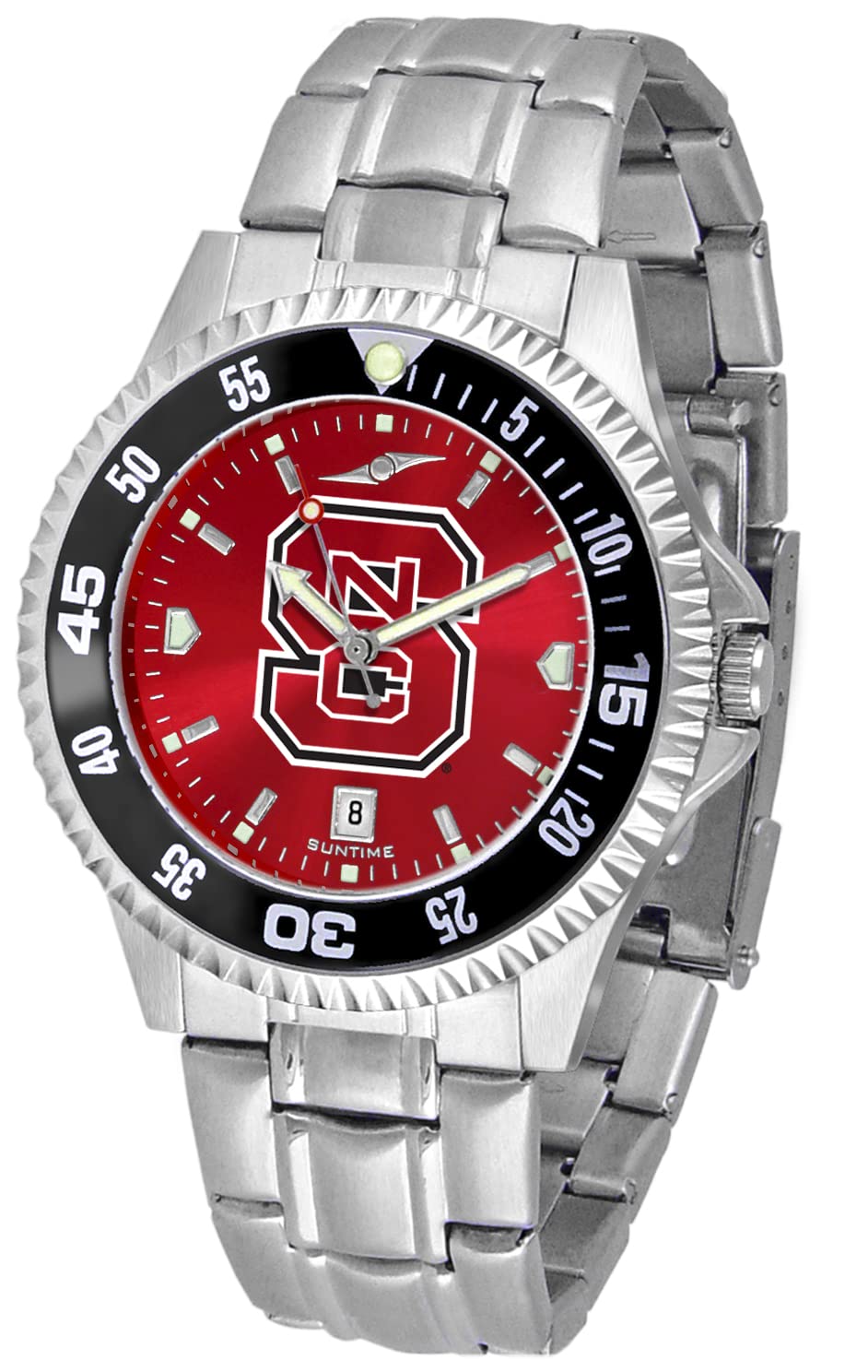 SunTime Men's Collegiate Competitor 40mm Watch - NC State Wolfpack with 20mm Stainless Steel Band - AC Color Bezel