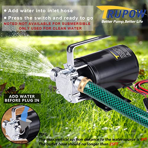 Trupow DC 12-Volt 1/10HP 330GPH Battery Powered Mini Portable Electric Utility Sump Transfer Water Pump with Water Hose Kit Black…