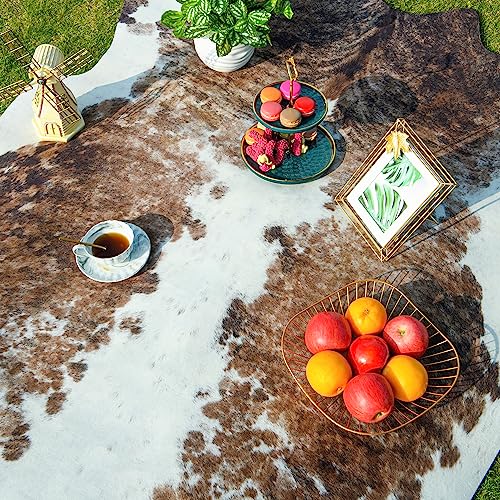 NEOCOZY Exquisite Cowhide Rug, 4.6 x 5.2 ft Faux Cowhide for Living Room Bedroom, Cow Print Rug for Wall, Non-Slip, Camel White