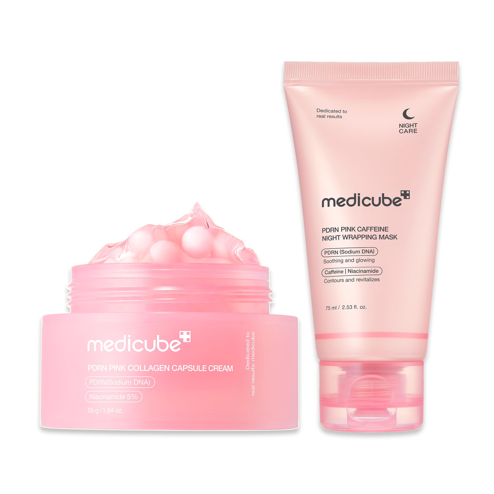 medicube PDRN Pink Shimmer Duo: Salmon DNA Pink Collagen Capsule Cream and PDRN Caffiene Overnight Wrapping Peel Off FacialMask