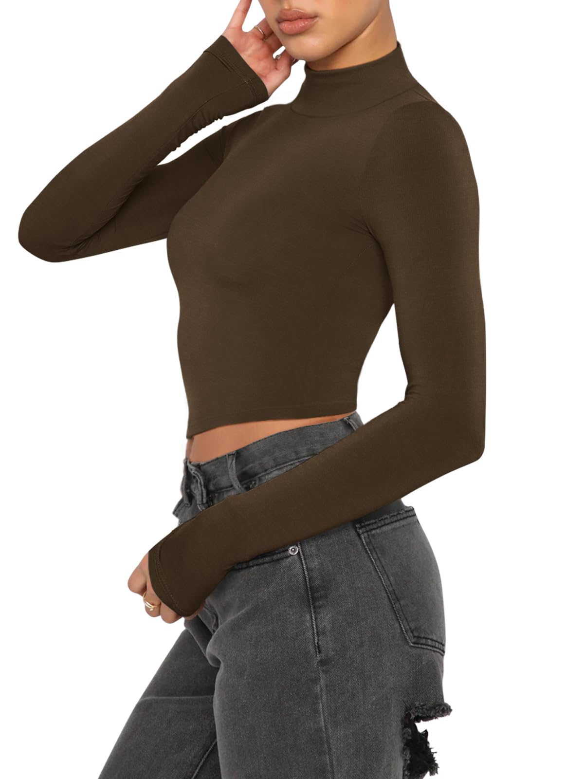 REORIA Women's Cute Basic Mock Turtleneck Long Sleeve Ribbed Tight Tshirts Crop Tops Turtle Necks Coffee Small