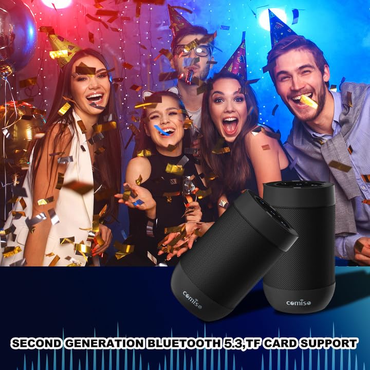 comiso Bluetooth Speaker,5.3 Bluetooth Speakers Wireless,TWS Stereo Pairing,Built in Mic,360 HDSound,IP65 Waterproof Speaker,Support TF Card, for Home/Party/Outdoor/Beach, Gift for Men/Women-Black