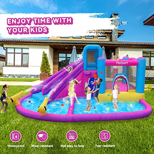 Inflatable Bounce House Water Slide Park, Double Slide Bouncer Castle with Climbing Wall, Bouncy Castle with 550W Air Blower for Indoor Outdoor Play Backyard