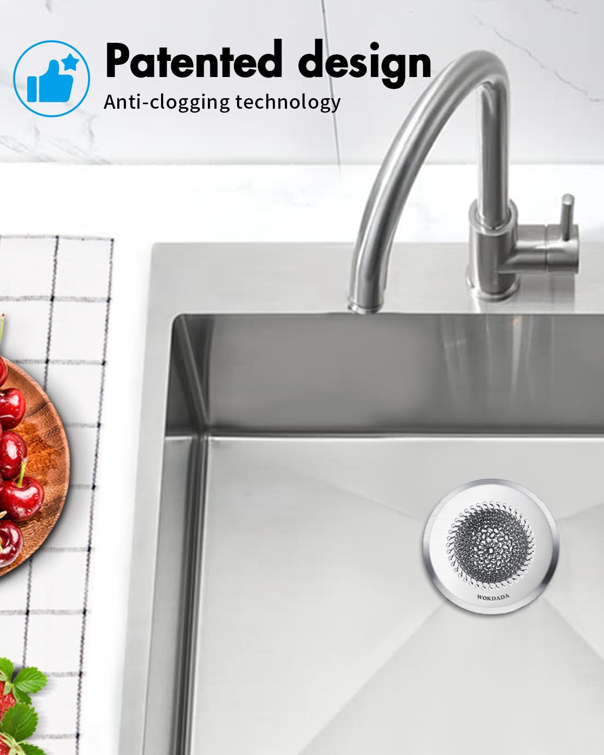 Wokdada Revolutionary Kitchen Sink Drain Strainer/Patented Reversible Chain Mesh, Effortless Cleaning & Debris Catcher, Large Capacity, No Clog, 304 Stainless Steel & Rust-Proof/Handmade