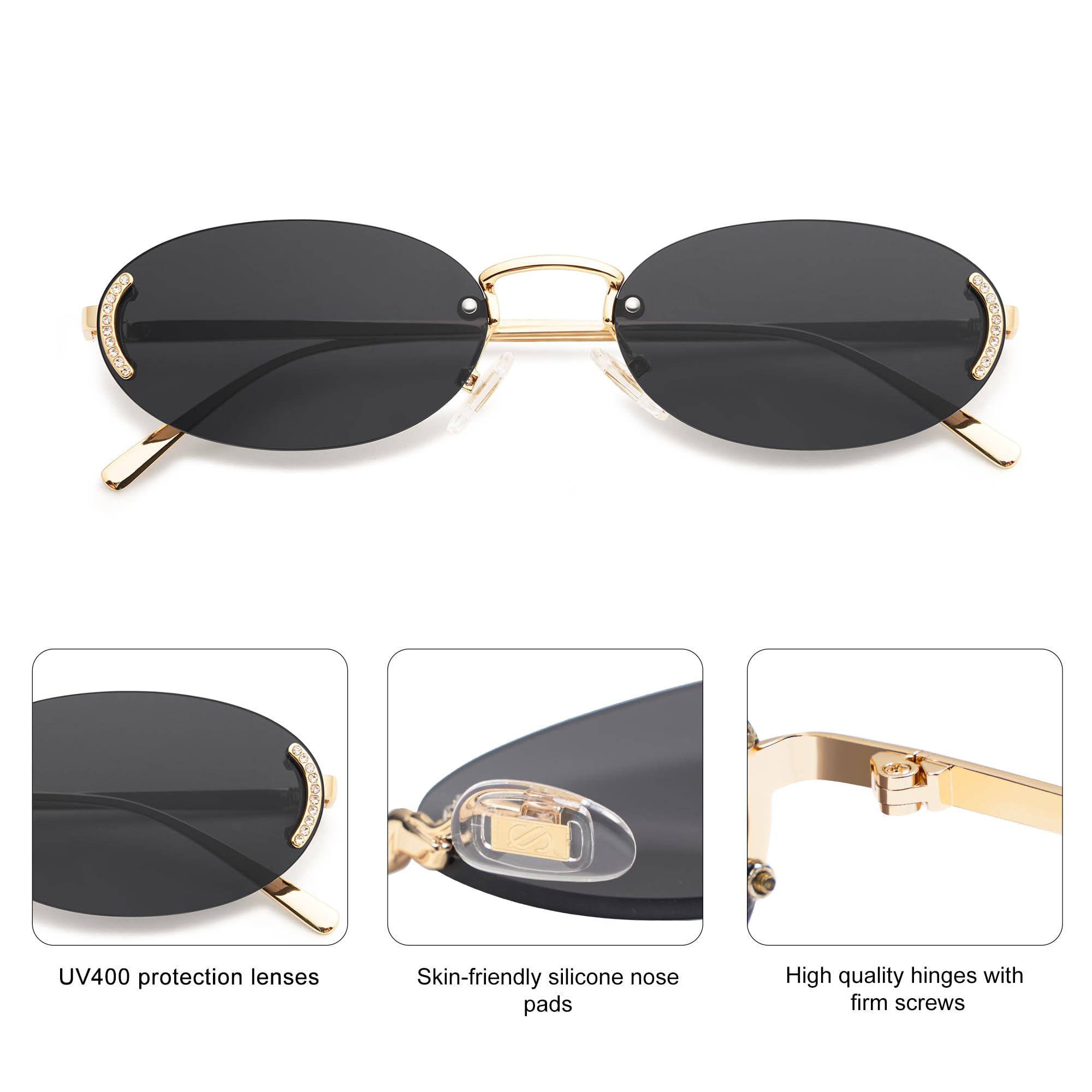 SOJOS Trendy Oval Rimless Sunglasses for Women Retro Y2k Sunnies with Rhinestones SJ1227, Gold/Grey