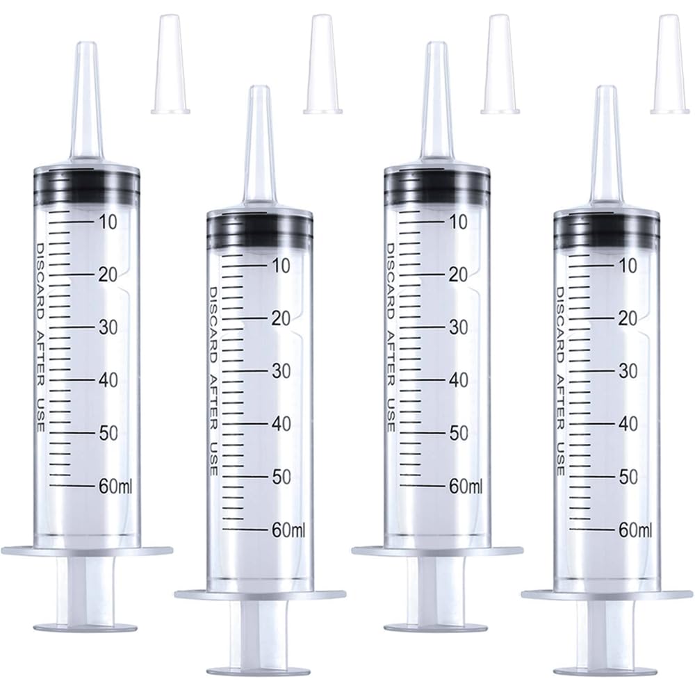 4 Pack 60mL Large Syringe for Liquid with Tip Cap, Individually Sterile Sealed Plastic Liquid Syringes with Measurement for Scientific Labs, Measuring Liquids, Feed Pets, Medical Student, Oil or Glue