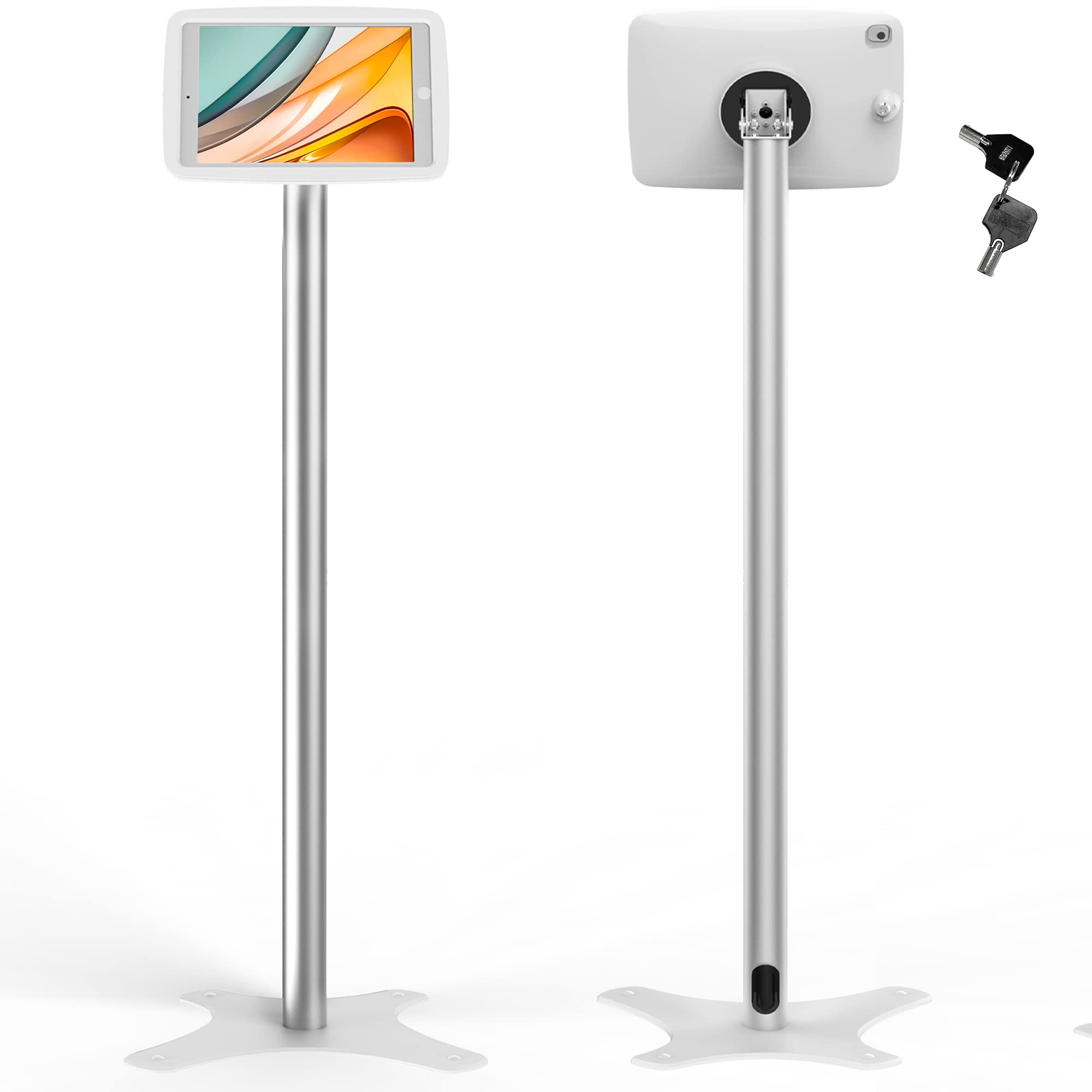 Beelta Tablet Kiosk Floor Stand Adjustable - Compatible with 10.2" iPad 7 8 9th, 120 Degree Rotate Lockable Tablet Enclosure+Aluminum Pole+Metal Base