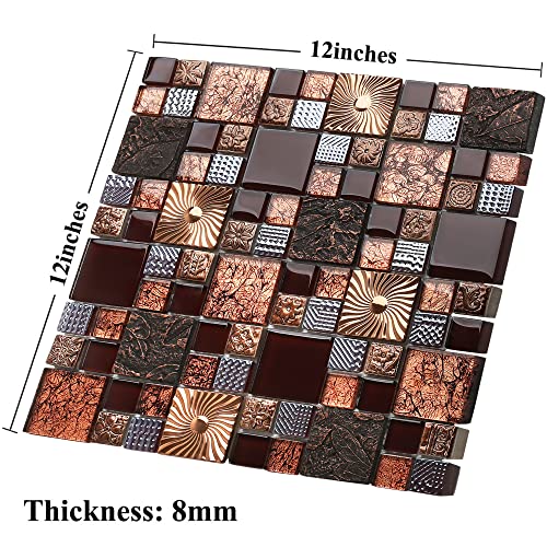 Blujellyfish Red Wine Colors Glass Tile 2'' x 2'' Leaf Carving Imprints Antique Mosaics Textured Rose Gold Metal Kitchen Bathroom Walls Backsplash Tiles (Pack of 5 Square Feet)
