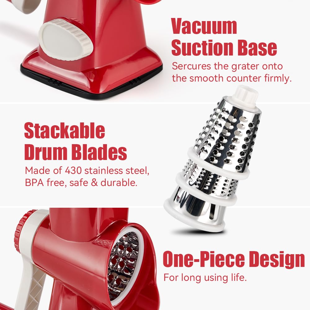 EDEFISY Cheese Grater Hand Crank Rotary Vegetables Shredder with Handle, 3-in-1 Graters with Interchangeable Blades and Strong Suction Base Multifunctional Slicer for Kitchen