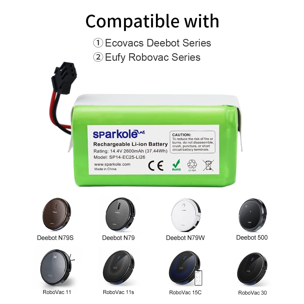 SPARKOLE 14.4V 2600mAh Replacement Battery for Ecovacs Deebot N79S, N79, DN622, DN622.11 and Eufy Robovac 11, 11S, 11S Max, 30, 30C, G30, G10 Hybrid