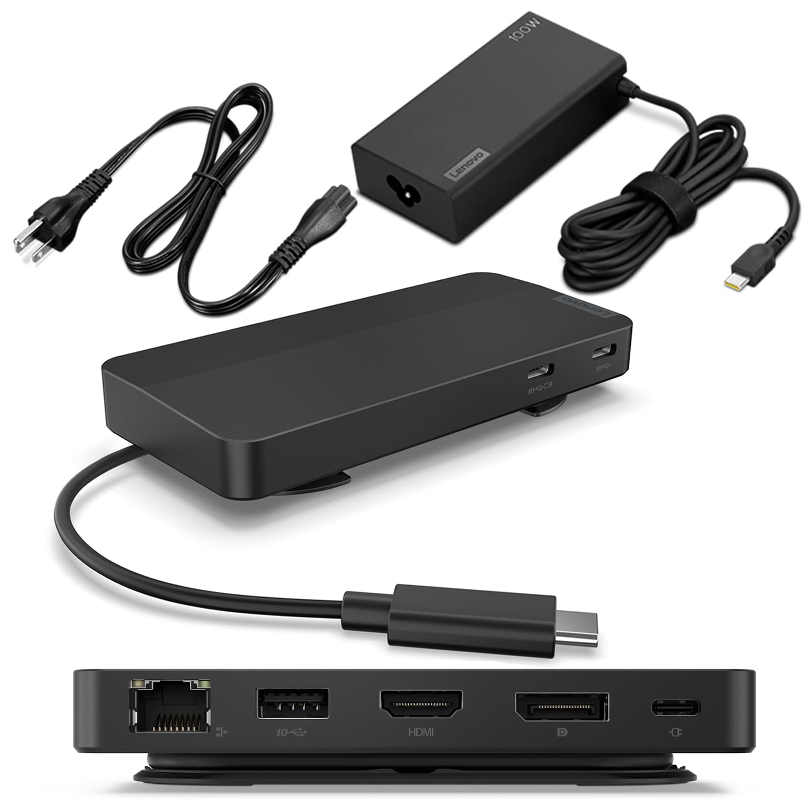 Lenovo USB-C Dual Display Travel Dock w/ 100W Power Adapter - 7 Ports, Integrated USB-C Cable, Universal Compatibility, Dual Displays at 4K - Black