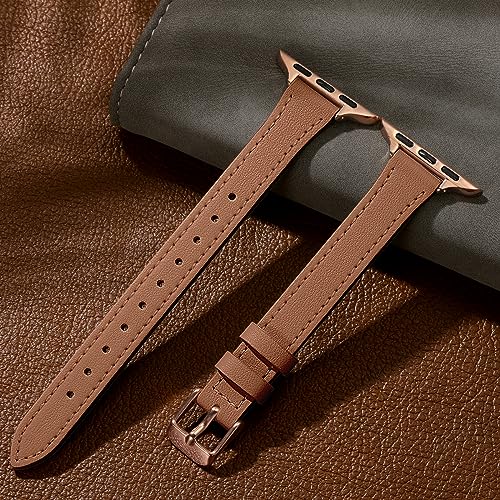 Charlam Slim Leather Band Compatible with Apple Watch Band 40mm 38mm 41mm 42mm 44mm 45mm 46mm Women,Top Grain Genuine Leather Strap Thin Wristband for iWatch Series 10 9 8 7 6 5 4 3 2 1 SE Ultra,Camel