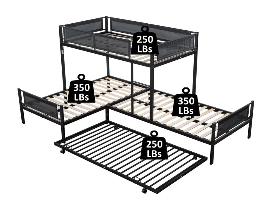 LostCat L-Shape Triple Bunk Bed with Trundle, Twin Over Twin for 4 Kids, Heavy Duty Metal Frame with Safety Guardrail for School, Dormitory, Bedroom, Black