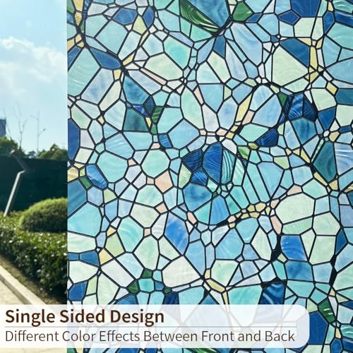 funlife Stained Glass Window Film, Double-Sided Thickened Static Cling Window Films, Non-Adhesive Glass Window Decals Decor for Door Window, 17.7"x118", Blue Cobblestones