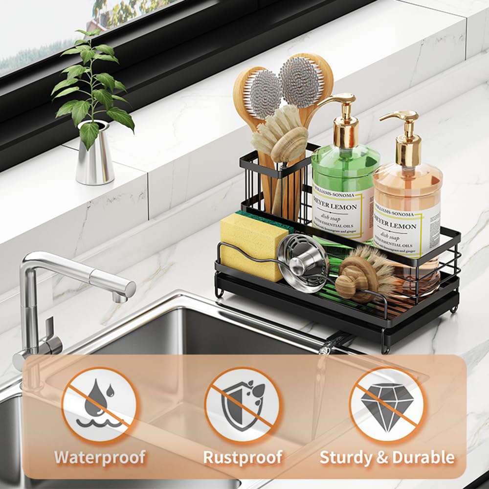 DMJWAN Sink Caddy Kitchen Sink Organizer, 304 Stainless Steel Holder for Sink,Countertop with Removable Drain Tray with Diversion Drainage.