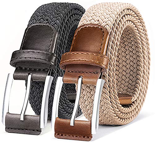BULLIANT Belt for Men 2Pack,Mens Gift Stretch Braided Web Belt Elastic for Casual Golf Jeans,1 3/8"(Black/Antique Blue,26"-32" Waist Adjustable)