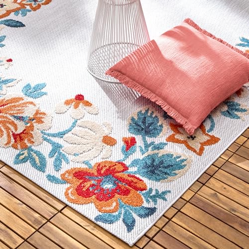 TOWN & COUNTRY EVERYDAY Hibiscus Bloom Border Modern Floral Indoor Outdoor Area Rug, UV Fade Resistant, High-Low Pile, Grey/Red/Blue, 3'11"x5'2"