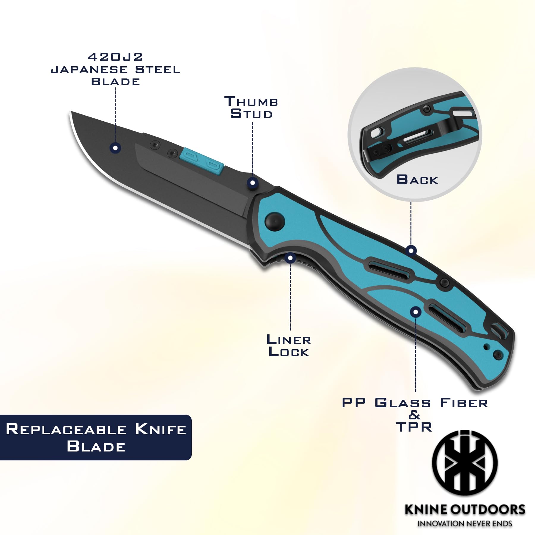 KNINE OUTDOORS Hunting Pocket Knife with Replaceable Blades and Clip, Skinning and EDC for Deer Hunting, With 9 Blades (Blue)