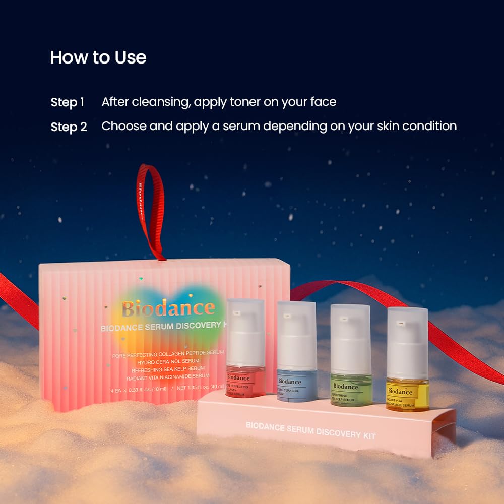 BIODANCE Serum Discovery Set: 4 Mini Serums Set, Korean Skin Care with Collagen Peptide, Ceramide Panthenol, Sea Kelp, Vitamin C Niacinamide, Skin Care Set | 10ml x 4 Serums