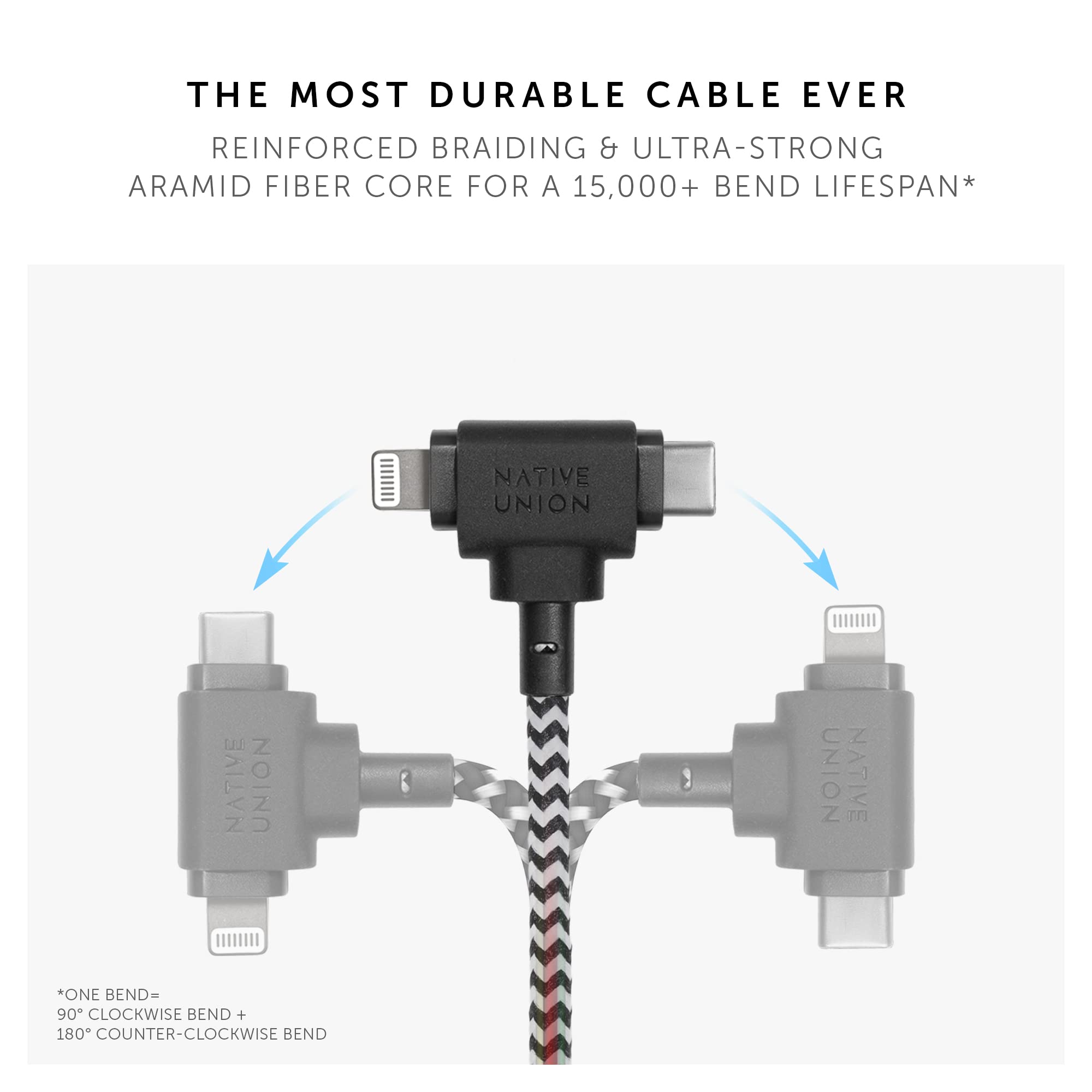 Native Union Belt Cable Duo – 5ft Ultra-Strong Braided Universal Charging Cable – Made with Recycled Materials – 2-in-1 Multi-Device MFi Certified Connectors for Lightning & Type-C Devices (Zebra)