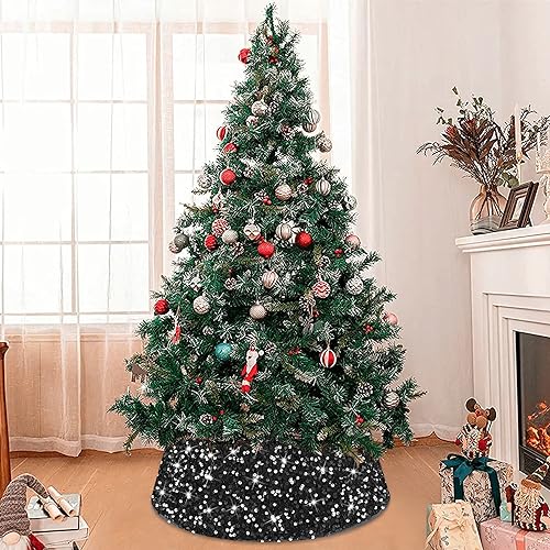 MODFUNS Sequin Christmas Tree Collar Black Glitter Christmas Tree Stand Base 24 Inch Velvet Tree Collar Skirt Sequins Xmas Tree Ring Shimmer Sequin Tree Skirt for Winter Holiday Christmas Tree Basket